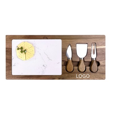 Rectangle Wooden Cheese Board Set with White Marble