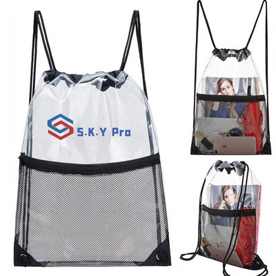 Clear Drawstring Backpack with Zipper Mesh Pocket