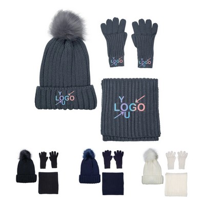 Ribbed Knit Winter Set with Fur Pom