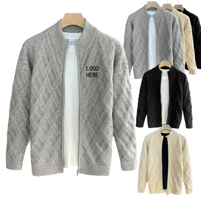 Men's Plus-Size Stand Collar Zip-Front Knit Sweater