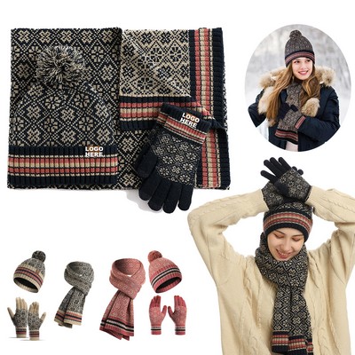 Custom Womens Winter Beanie Hat Long Scarf and Touchscreen Gloves Neck Scarves Set